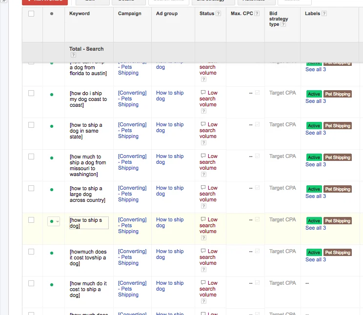 Single keyword ad groups of long-tail pet-shipping searches in Google Ads