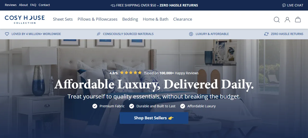 Cosy House Collection homepage hero, premium bedding and bamboo sheets