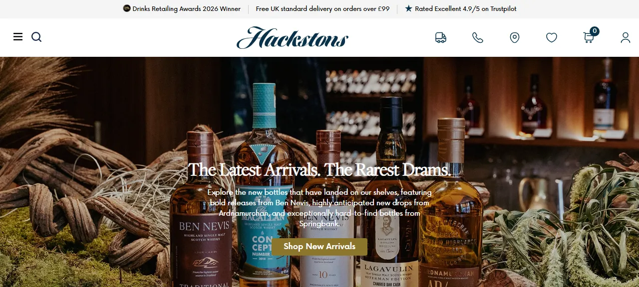Hackstons homepage hero, premium whisky bottles and cask investments