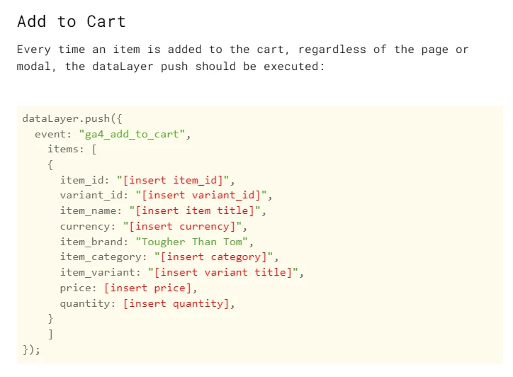 The dataLayer push specification for the add-to-cart event, sent to the developer