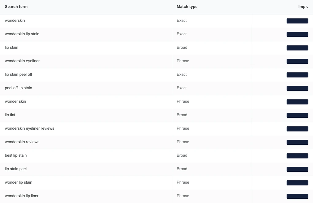 Search terms and match types in Google Ads, metrics redacted