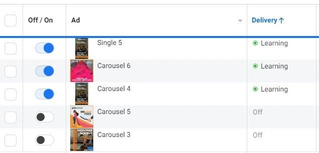 Facebook Ads creative testing: single and carousel ad variations in the learning phase