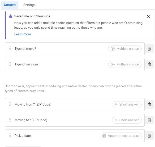 Facebook lead form builder showing qualifying questions: type of move, type of service, moving-from and moving-to zip codes, and a date